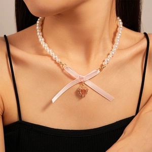 Artificial Pearl Necklace With Pink Satin Bow Heart Zircon Pendant Sweet Elegant Fashion Accessories For Women