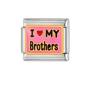 Stainless steel modular charm link with I Love My Brothers text and pink enamel design