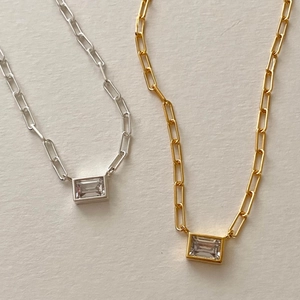 925 Sterling Silver Necklace For Women With Emerald Cut Zircon Rectangle Pendant Paperclip Chain Minimalist Jewelry