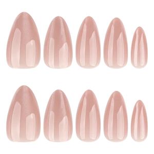 Nude shimmering cat-eye press-on nails in short almond shape, 10 pieces per set