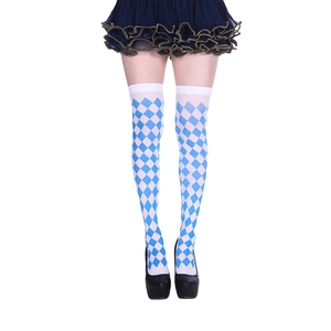 Detailed view of blue and white diamond patterned over-knee socks for party costumes