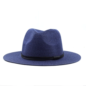 Unisex navy blue straw Panama hat with black leather band for summer beach sun protection