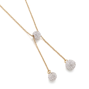 Elegant gold Y-shaped stainless steel necklace featuring sparkling crystal-paved sphere charms