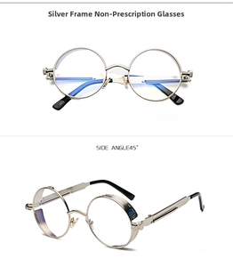 Retro steampunk round silver metal glasses with blue light blocking lenses and side details
