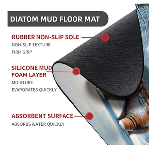Detail of multi-layer diatom mud bath mat with cat print and non-slip rubber base