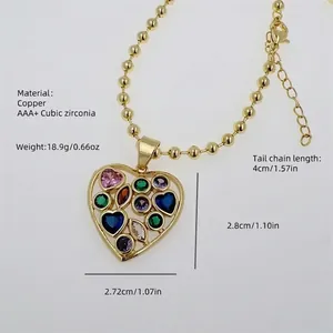 18K gold plated heart pendant necklace with colorful cubic zirconia and bead chain