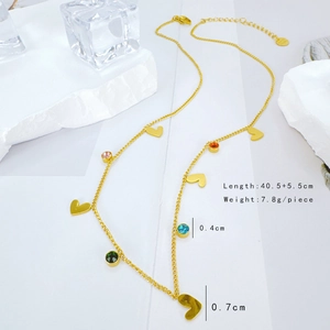 Golden stainless steel necklace with colorful zircon beads and hollow heart pendant