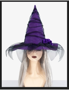 Detail of purple Baroque witch hat with layered black mesh and fabric rose accents