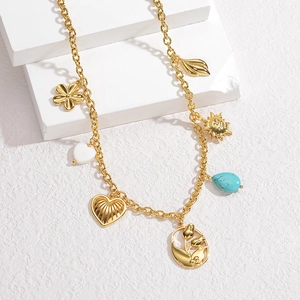 Vintage gold stainless steel necklace with multi-element floral and heart charms