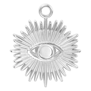 Close-up of a silver stainless steel evil eye pendant with radiant sunburst details