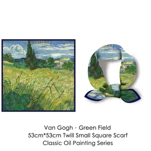 Van Gogh oil painting green field 1889 style silk twill square scarf for women 53cm
