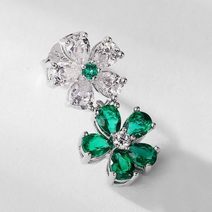 Elegant S925 silver flower stud earrings with green emerald and white pear cut stones