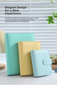 Three sizes of Macaron PU leather notebooks in mint green, yellow, and light blue