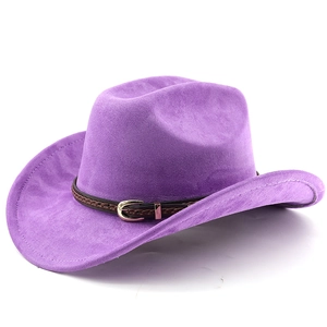 Detail of purple suede cowboy hat with dark brown braided leather band and silver buckle