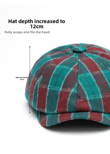 Detail view of colorful plaid newsboy hat featuring 12cm deep cap fit for women