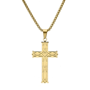Polished gold stainless steel Celtic knot cross pendant necklace with hollow pattern detail