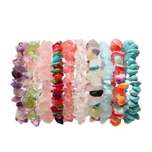 Set of assorted natural crystal chip stretch bracelets featuring amethyst and rose quartz