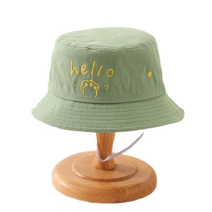 Kids light green cotton bucket hat with yellow hello embroidery and adjustable chin strap