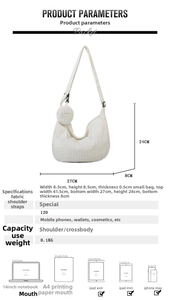 White crescent bubble bag dimension diagram with 27x24x8cm size details and mini purse