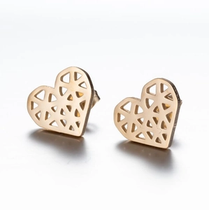 Minimalist gold hollow geometric heart stud earrings with an origami style mesh design
