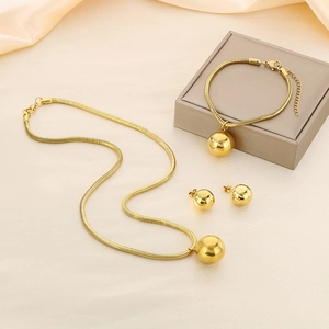 18K gold plated stainless steel hollow ball pendant necklace and earrings jewelry set