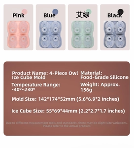 Specifications of 4-cavity owl silicone ice mold with material and dimension details