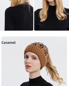 Detailed views of caramel knit beanie featuring leopard pattern and ribbed texture cuffs