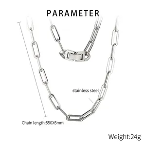 Mens silver stainless steel long box chain necklace with 550mm length and 6mm width