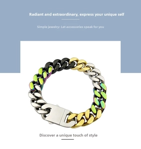 Close-up of multicolor stainless steel Cuban chain bracelet with heavy clasp