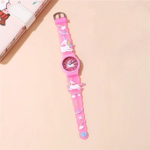 Detail of pink silicone strap with 3D unicorn rainbow patterns on kids watch