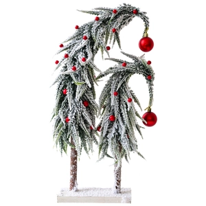 Mini snowy Christmas tree tabletop decor with red ornaments and unique curved top design