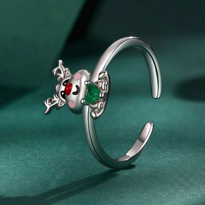 S925 sterling silver reindeer open ring with green heart gemstone for Christmas gift