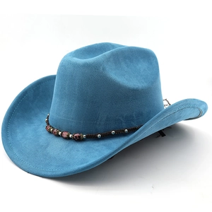 Detail of blue suede fedora featuring a woven band with red beads and silver accents