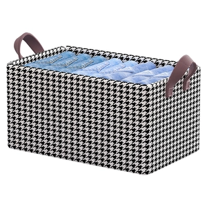 Houndstooth fabric storage bin for closet clothes with sturdy handles and foldable PP board