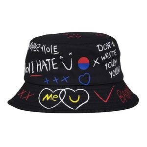 Stylish black bucket hat featuring white graffiti print and hand-painted heart design