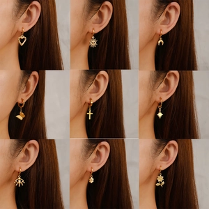 Stainless Steel Hoop Earrings 18K Gold Plated Geometric Charm Heart Evil Eye Cross Dangle Fashion Jewelry For Women