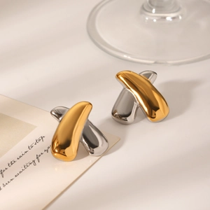 Minimalist X-shaped two-tone stainless steel stud earrings with high-polished metal finish