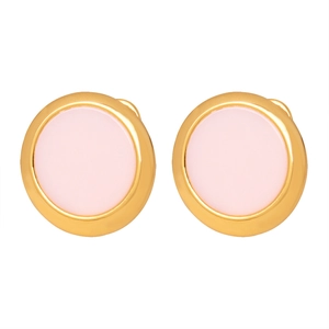 Elegant gold-rimmed circular earrings with pink heart inlay and smooth enamel finish