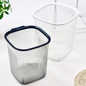 Modern transparent striped square waste bin with wall-mount hooks for home storage