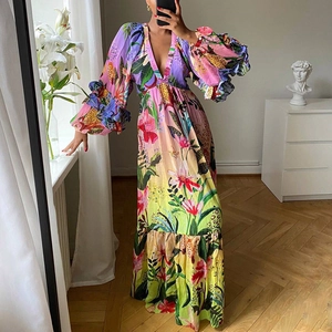 Vestido Maxi Sexy para Mujer Cuello en V Profundo Manga Larga Volantes Estampado Floral Leopardo Cintura Alta Bohemio Vacaciones