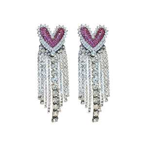 Elegant heart-shaped tassel earrings with pink rhinestones and silver crystal fringe