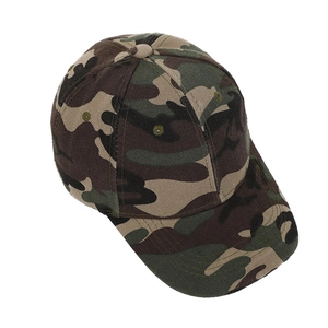 Detail of camoflage baseball cap crown with stitched eyelets and textile texture