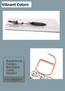 Detailed view of rose gold metal bookmark clip with pen holder and card slot function