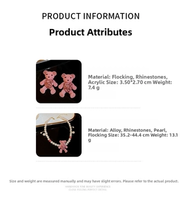 Detailed specs for pink flocked bear earrings and necklace with rhinestones and pearls