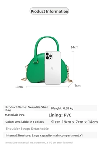 Detail view of green PVC jelly bag with dimensions 19x7x14cm and metal chain strap