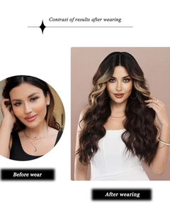 Length and volume comparison showing before and after wearing brown wavy lace front wig