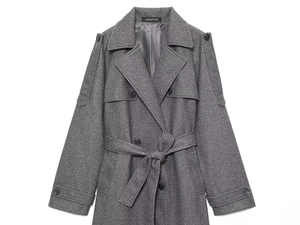 Detail of grey wool blend trench coat showing classic double-breasted collar and belt