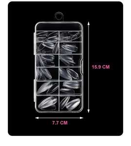 Detailed size view of clear almond nail tips set in a 10-grid retail storage box