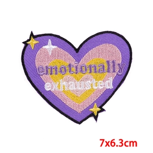 Heart embroidered patch with 'emotionally exhausted' text in purple and pink, 7x6.3cm
