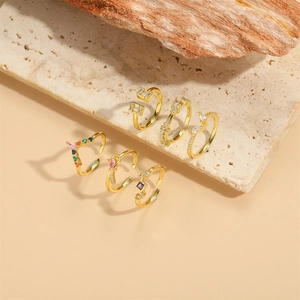 Set of six adjustable gold-plated open rings with colorful square and heart zircons